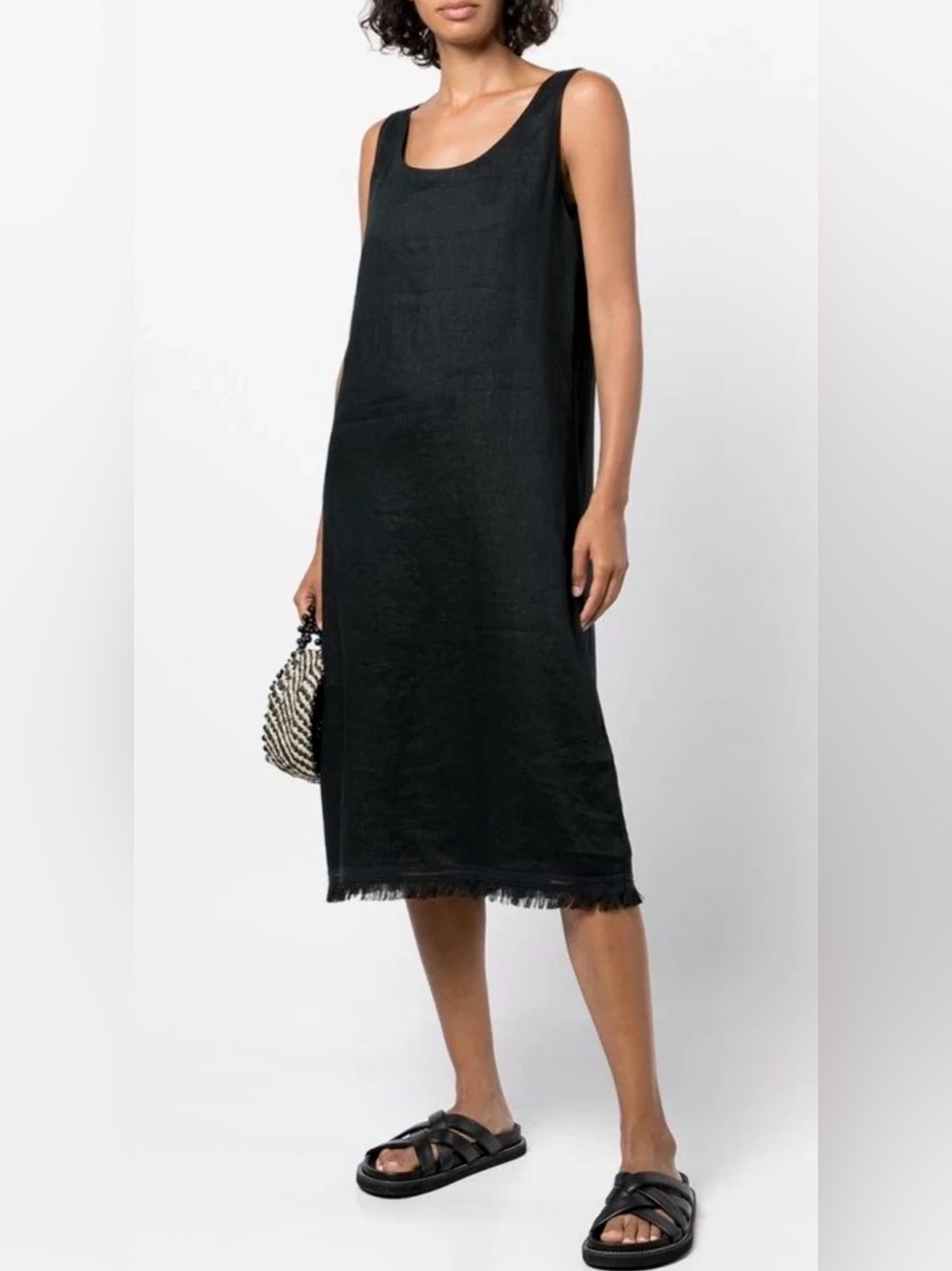 Theory Scoop Tank Linen Midi Dress Black Fringe Hem Size M Coastal Chic